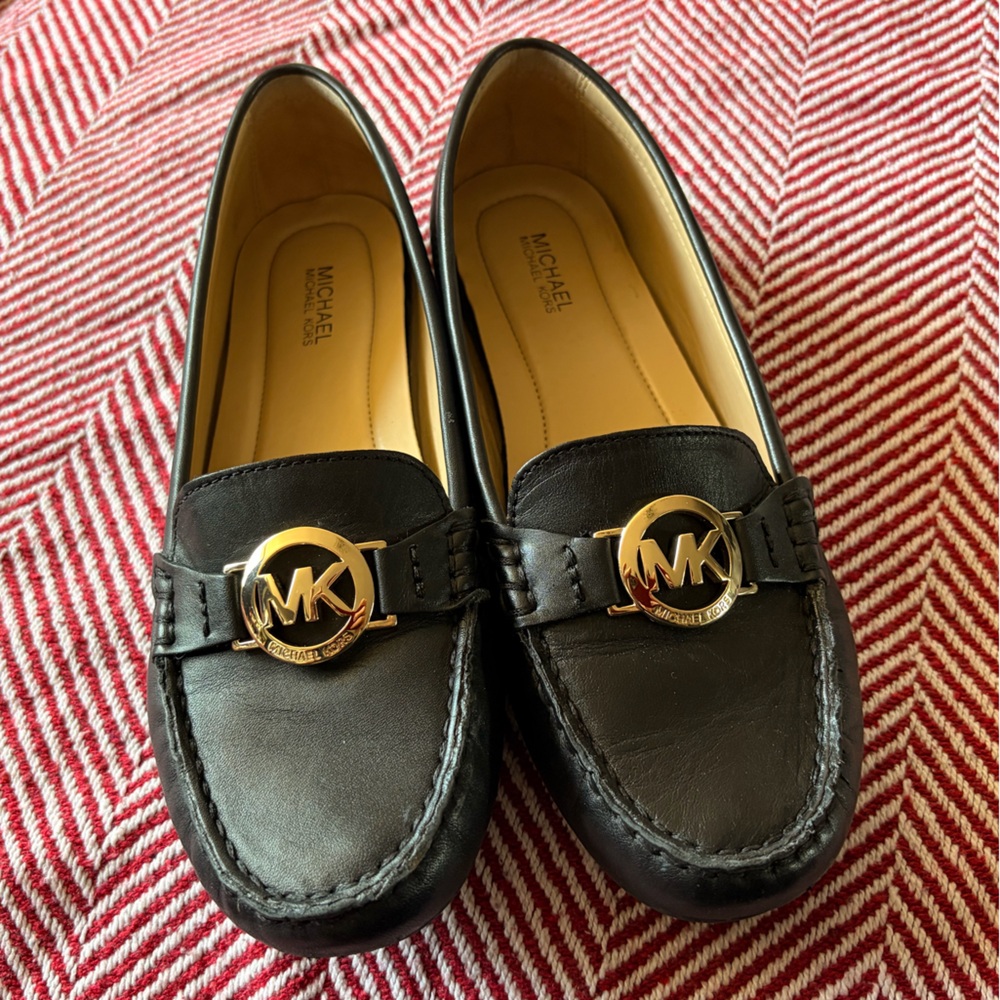 Michael Kors Black Leather w/ Gold Logo Moccasin Loafers, Size 8